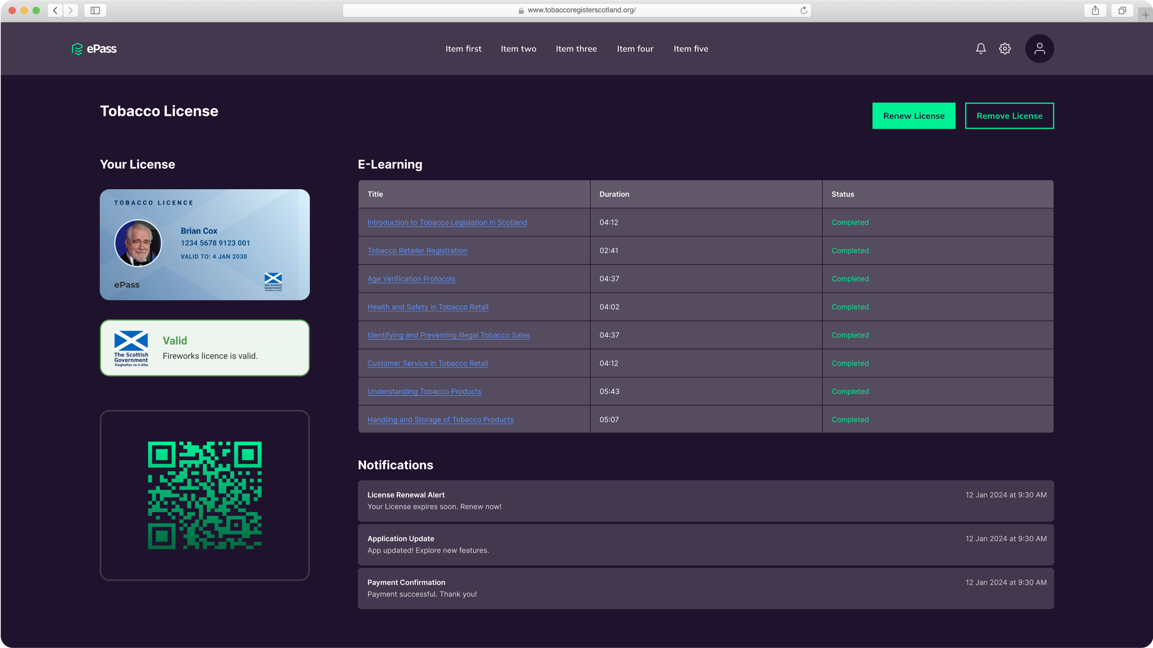 Dashboard view of ePass (mockup)